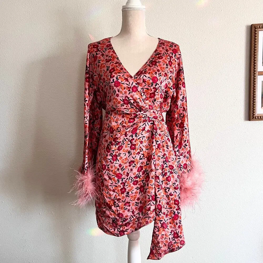 Buddy Love Anisa Feather Cuff Mini Dress Dragonfruit Pink Floral Size Small - Picture 2 of 10